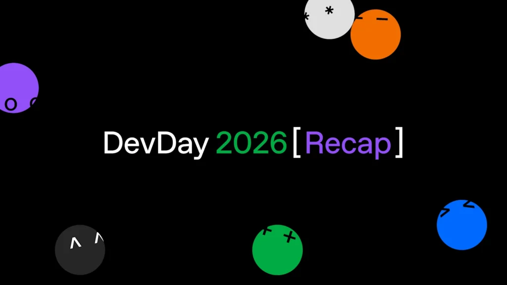 Inscription « DevDay 2026 [Recap] » sur fond noir, entourée de cercles colorés portant des signes graphiques.