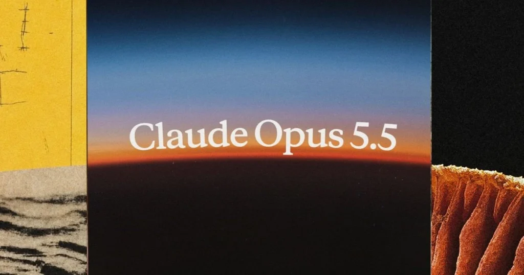Texte blanc « Claude Opus 5.5 » sur un dégradé bleu et orangé, encadré de textures jaunes, grises et orange.